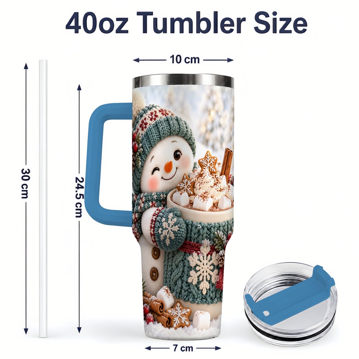 #pl[40oz|Blue] Christmas Snowman with Hot Cocoa Tumbler 40oz, Cozy Winter Art