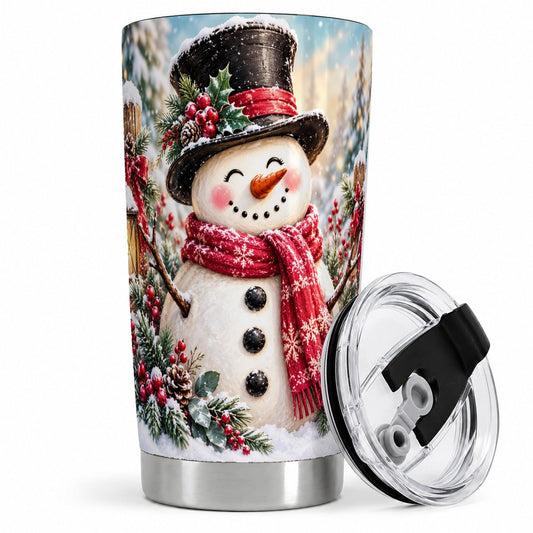 Christmas Snowman Tumbler 20oz, Holly and Lantern Winter Art