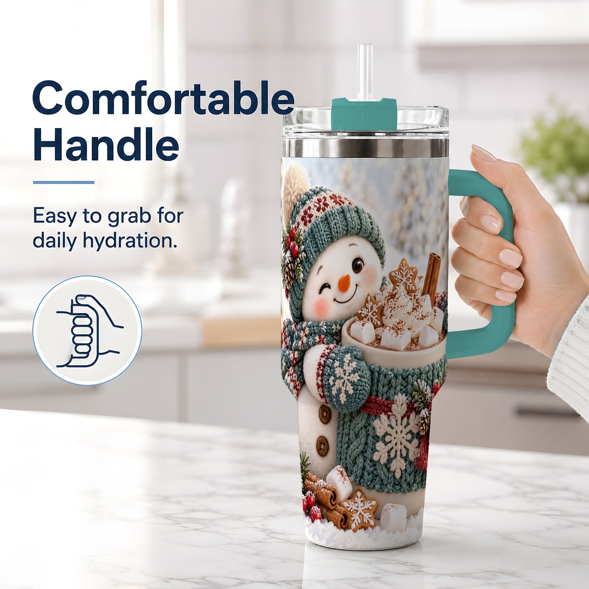 #pl[40oz|Green] Christmas Snowman with Hot Cocoa Tumbler 40oz, Cozy Winter Art