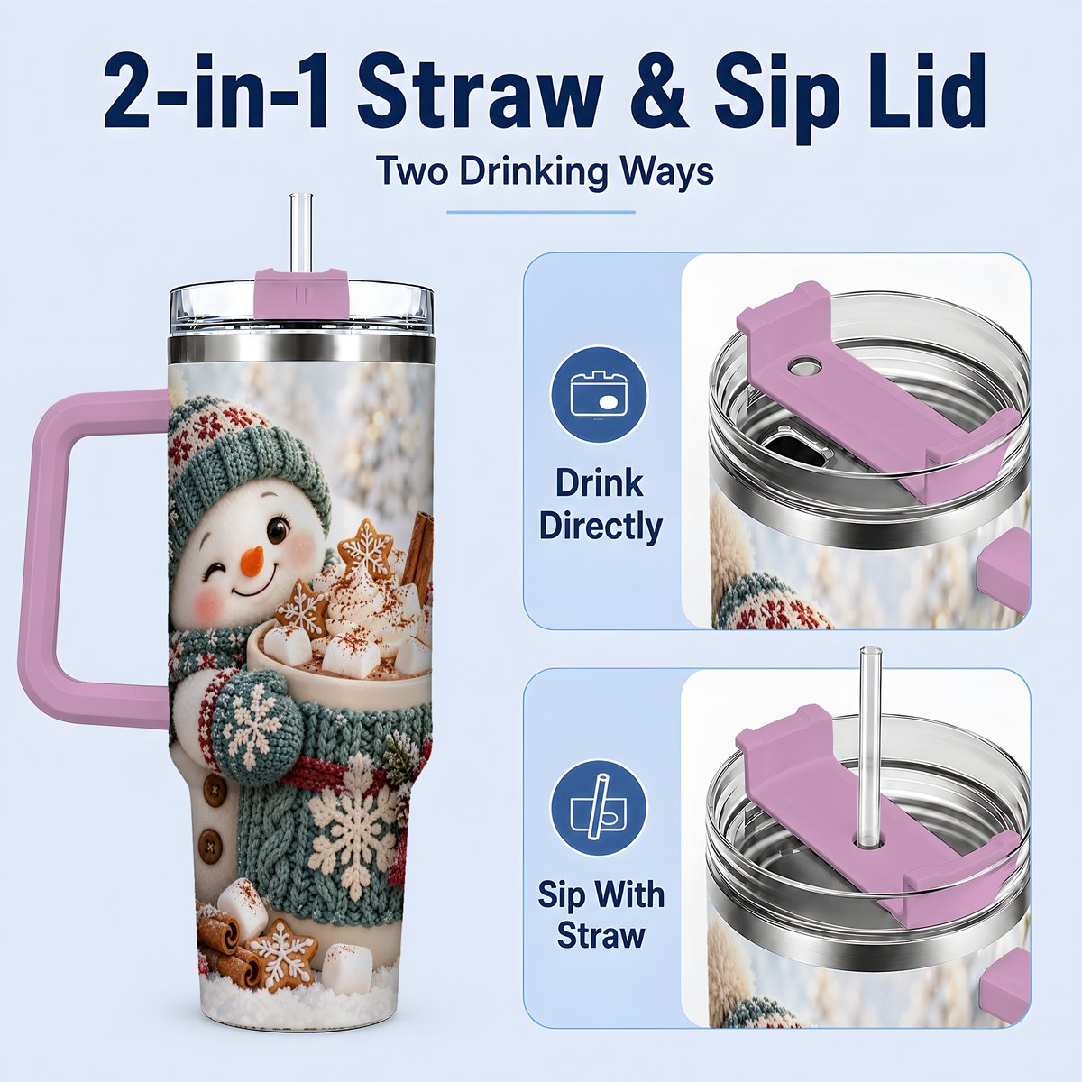 #pl[40oz|Pink] Christmas Snowman with Hot Cocoa Tumbler 40oz, Cozy Winter Art