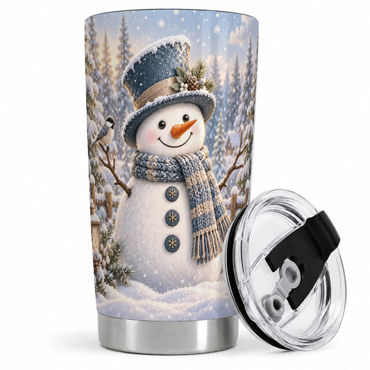 Winter Snowman Tumbler 20oz, Snowy Woodland Bird Scene
