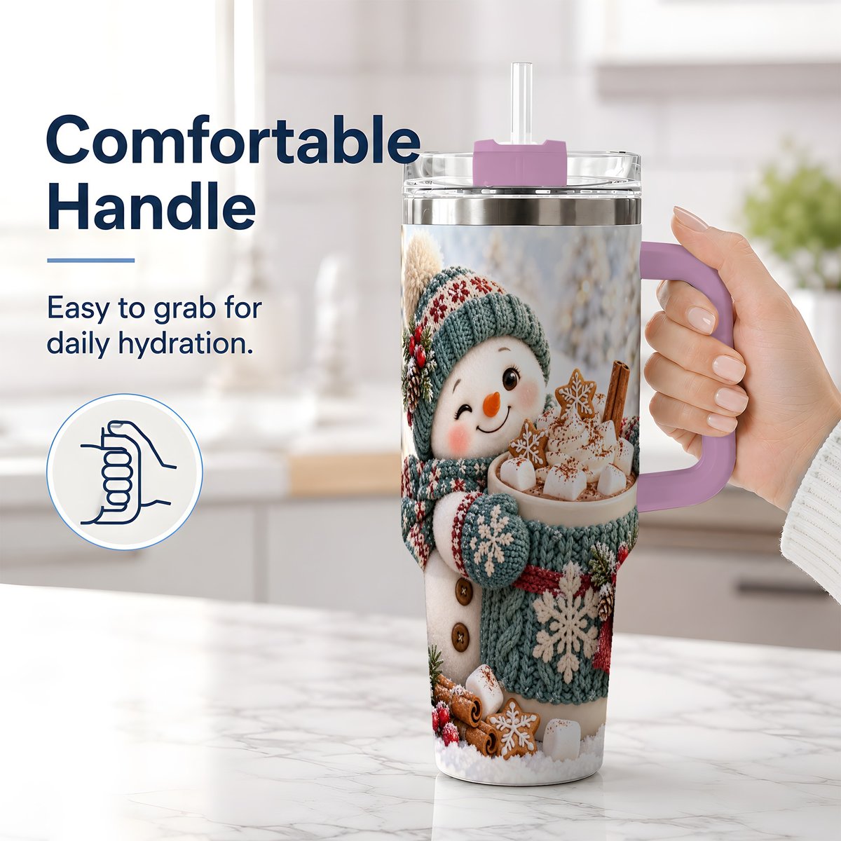 #pl[40oz|Pink] Christmas Snowman with Hot Cocoa Tumbler 40oz, Cozy Winter Art