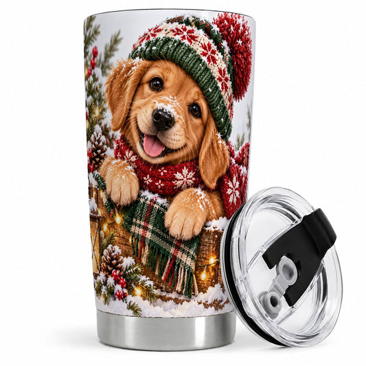 Christmas Golden Retriever Puppy Tumbler 20oz, Cozy Winter Art