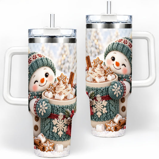 Christmas Snowman with Hot Cocoa Tumbler 40oz, Cozy Winter Art