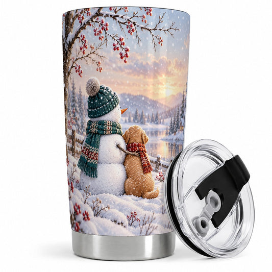 Snowman and Golden Retriever Tumbler 20oz, Snowy Sunset Scene