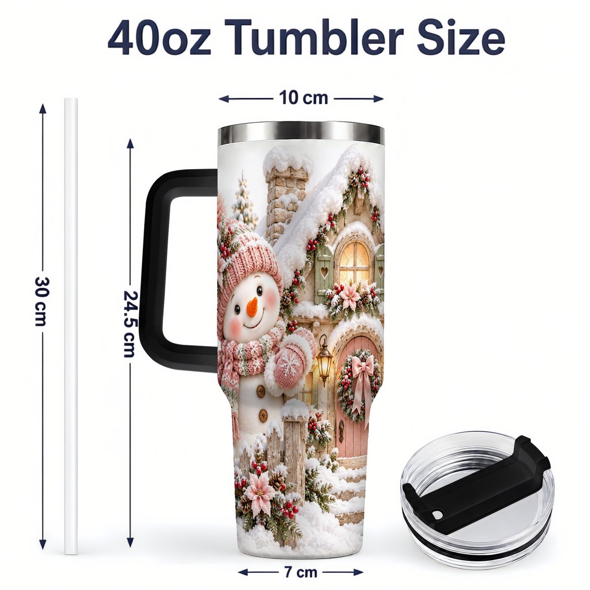 #pl[40oz|Black] Christmas Snowman by Cottage Tumbler 40oz, Pink Hat