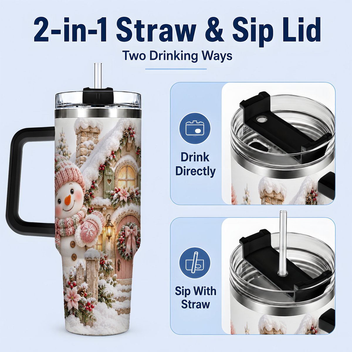 #pl[40oz|Black] Christmas Snowman by Cottage Tumbler 40oz, Pink Hat