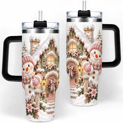 #pl[40oz|Black] Christmas Snowman by Cottage Tumbler 40oz, Pink Hat
