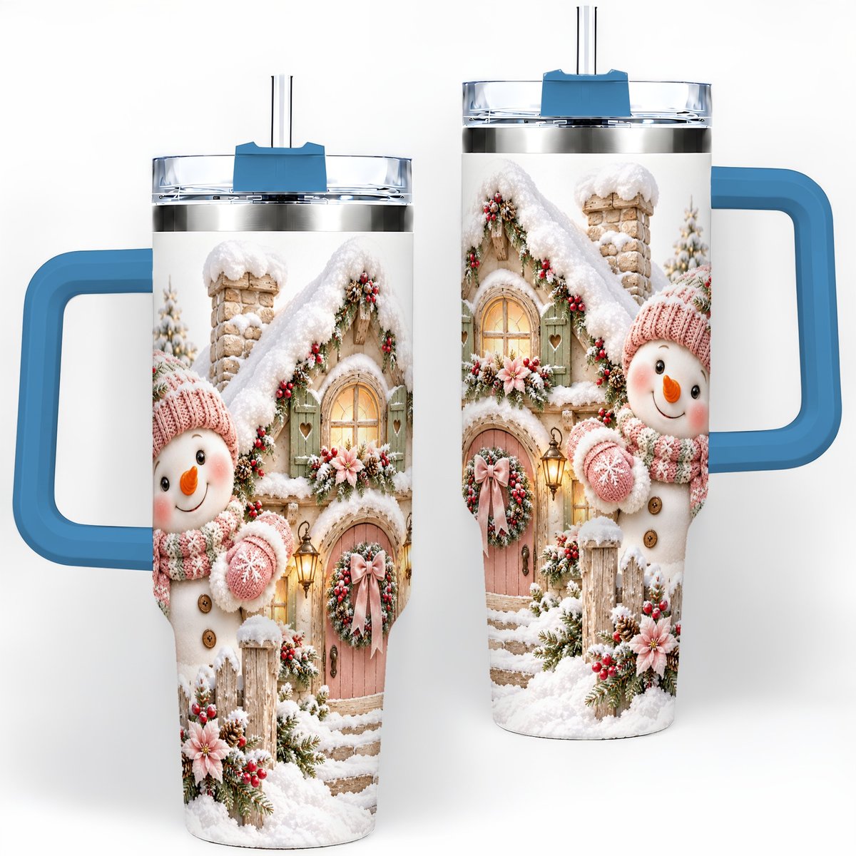 #pl[40oz|Blue] Christmas Snowman by Cottage Tumbler 40oz, Pink Hat