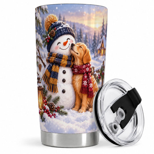 Snowman and Golden Retriever Tumbler 20oz, Cozy Snowy Scene