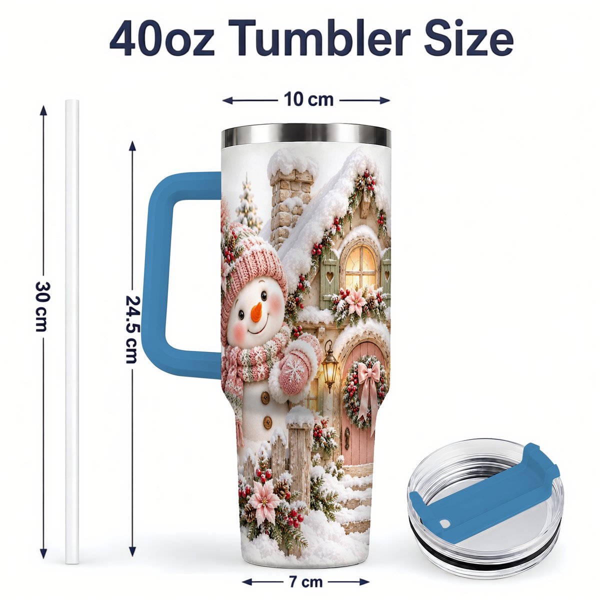#pl[40oz|Blue] Christmas Snowman by Cottage Tumbler 40oz, Pink Hat