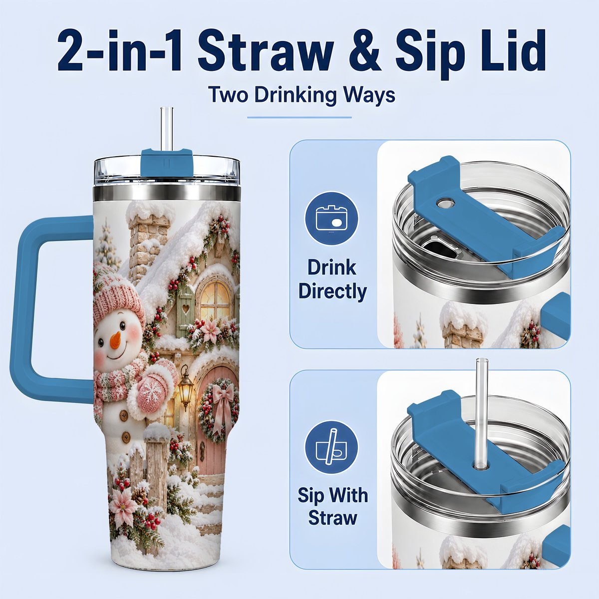 #pl[40oz|Blue] Christmas Snowman by Cottage Tumbler 40oz, Pink Hat
