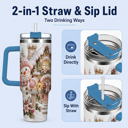 #pl[40oz|Blue] Christmas Snowman by Cottage Tumbler 40oz, Pink Hat