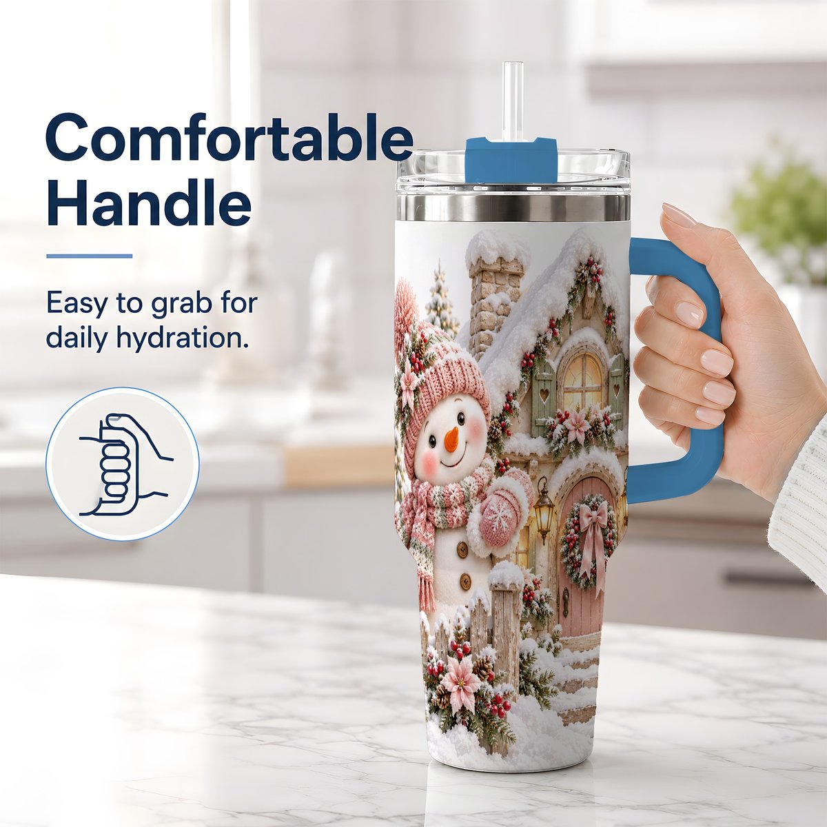 #pl[40oz|Blue] Christmas Snowman by Cottage Tumbler 40oz, Pink Hat