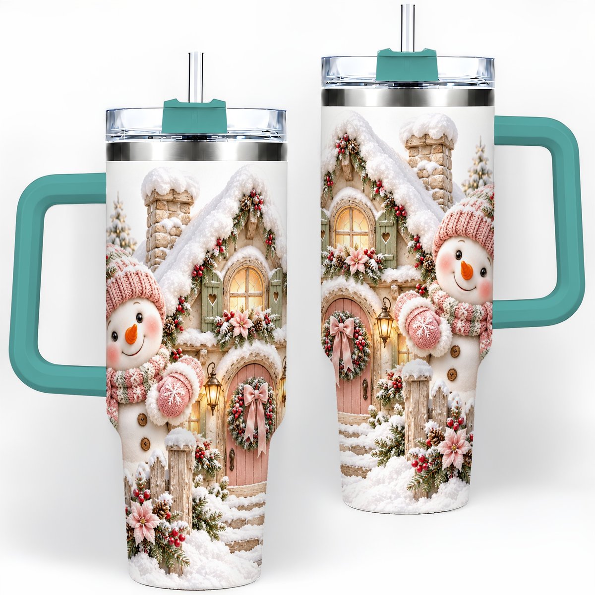 #pl[40oz|Green] Christmas Snowman by Cottage Tumbler 40oz, Pink Hat