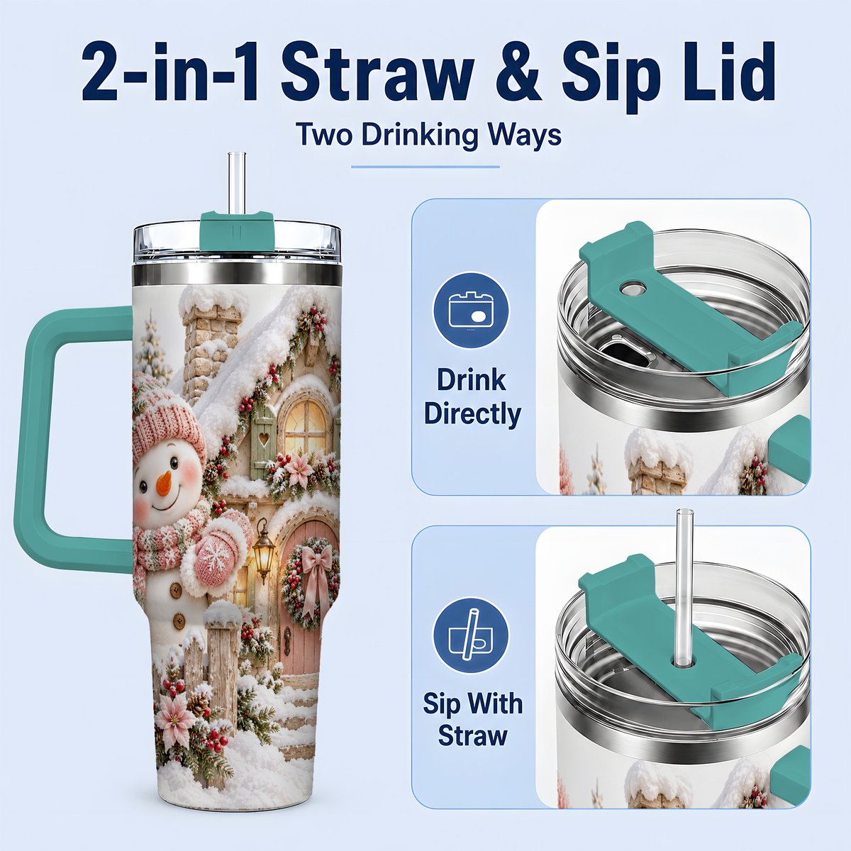 #pl[40oz|Green] Christmas Snowman by Cottage Tumbler 40oz, Pink Hat