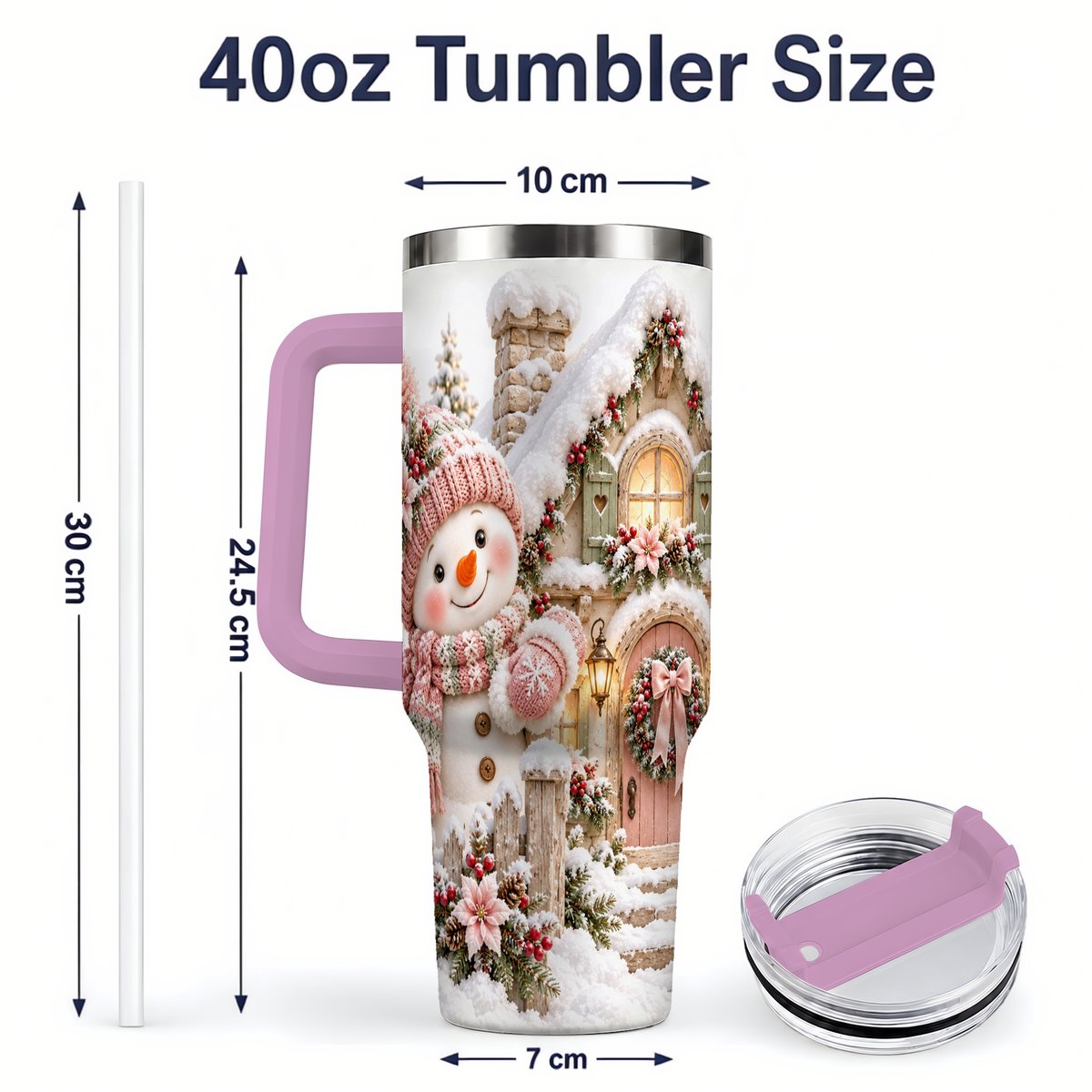 #pl[40oz|Pink] Christmas Snowman by Cottage Tumbler 40oz, Pink Hat