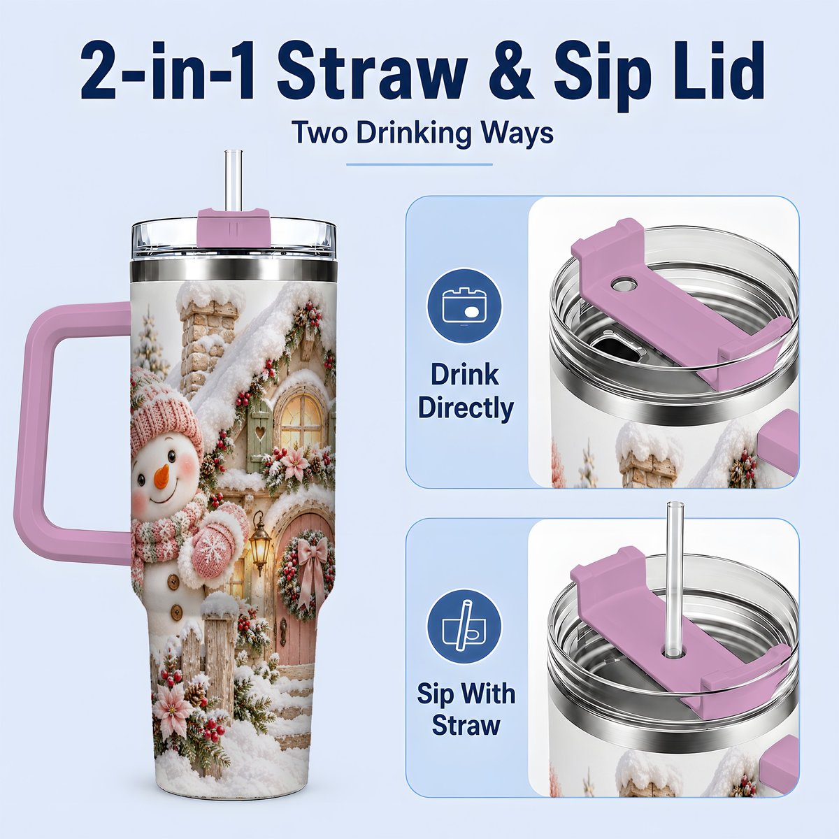 #pl[40oz|Pink] Christmas Snowman by Cottage Tumbler 40oz, Pink Hat