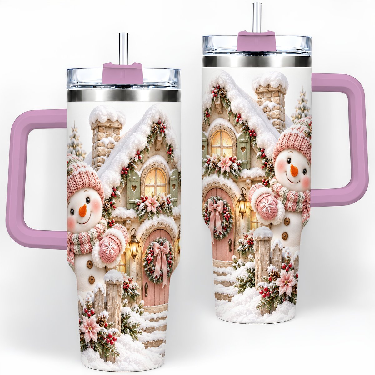 #pl[40oz|Pink] Christmas Snowman by Cottage Tumbler 40oz, Pink Hat