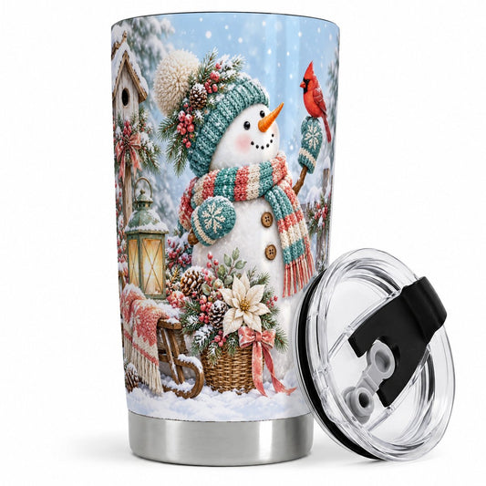 Christmas Snowman and Cardinal Tumbler 20oz, Cozy Winter Scene