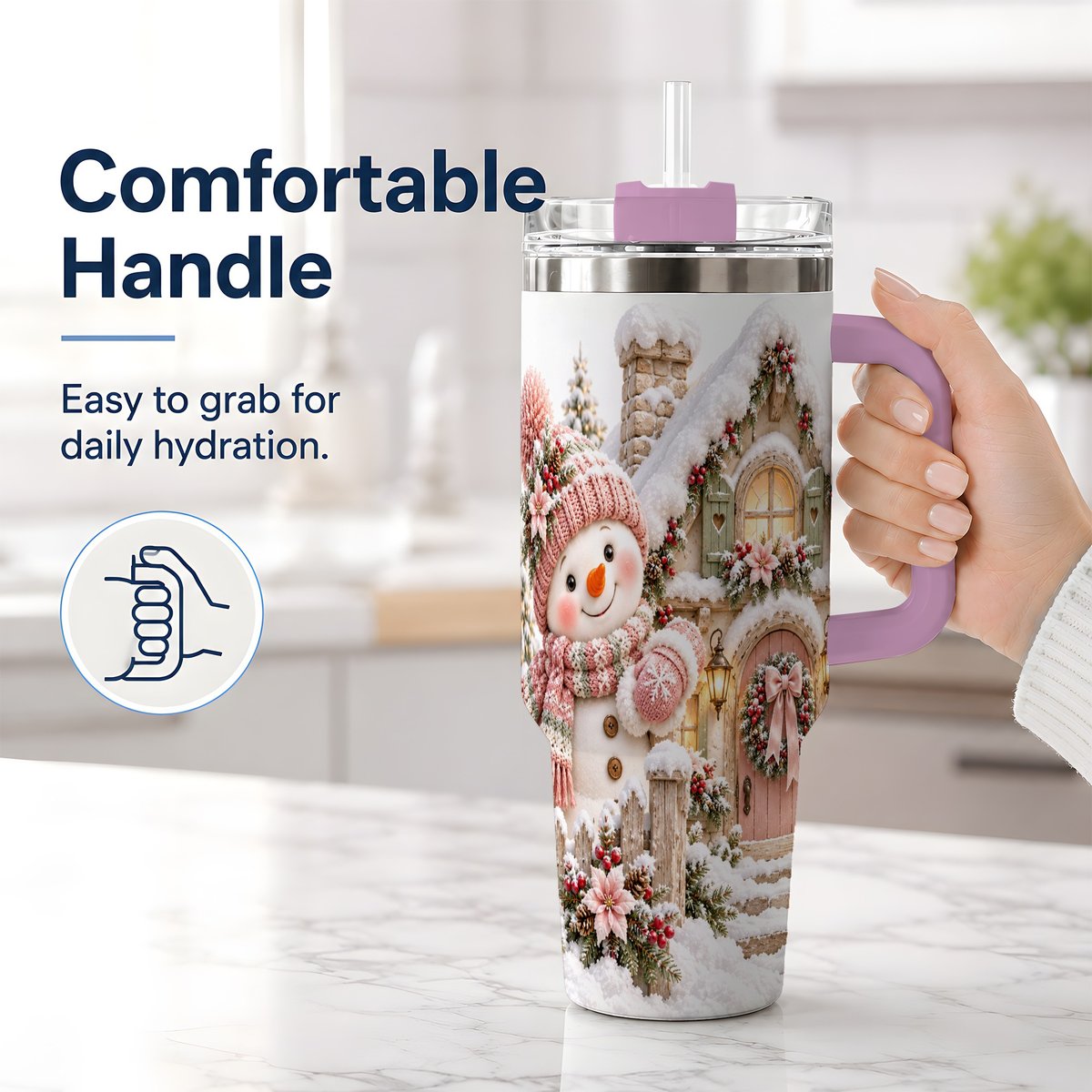 #pl[40oz|Pink] Christmas Snowman by Cottage Tumbler 40oz, Pink Hat