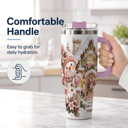 #pl[40oz|Pink] Christmas Snowman by Cottage Tumbler 40oz, Pink Hat