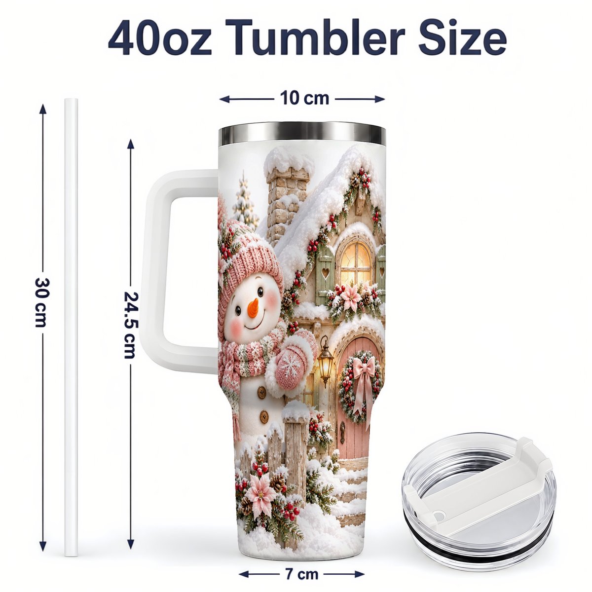 #pl[40oz|White] Christmas Snowman by Cottage Tumbler 40oz, Pink Hat