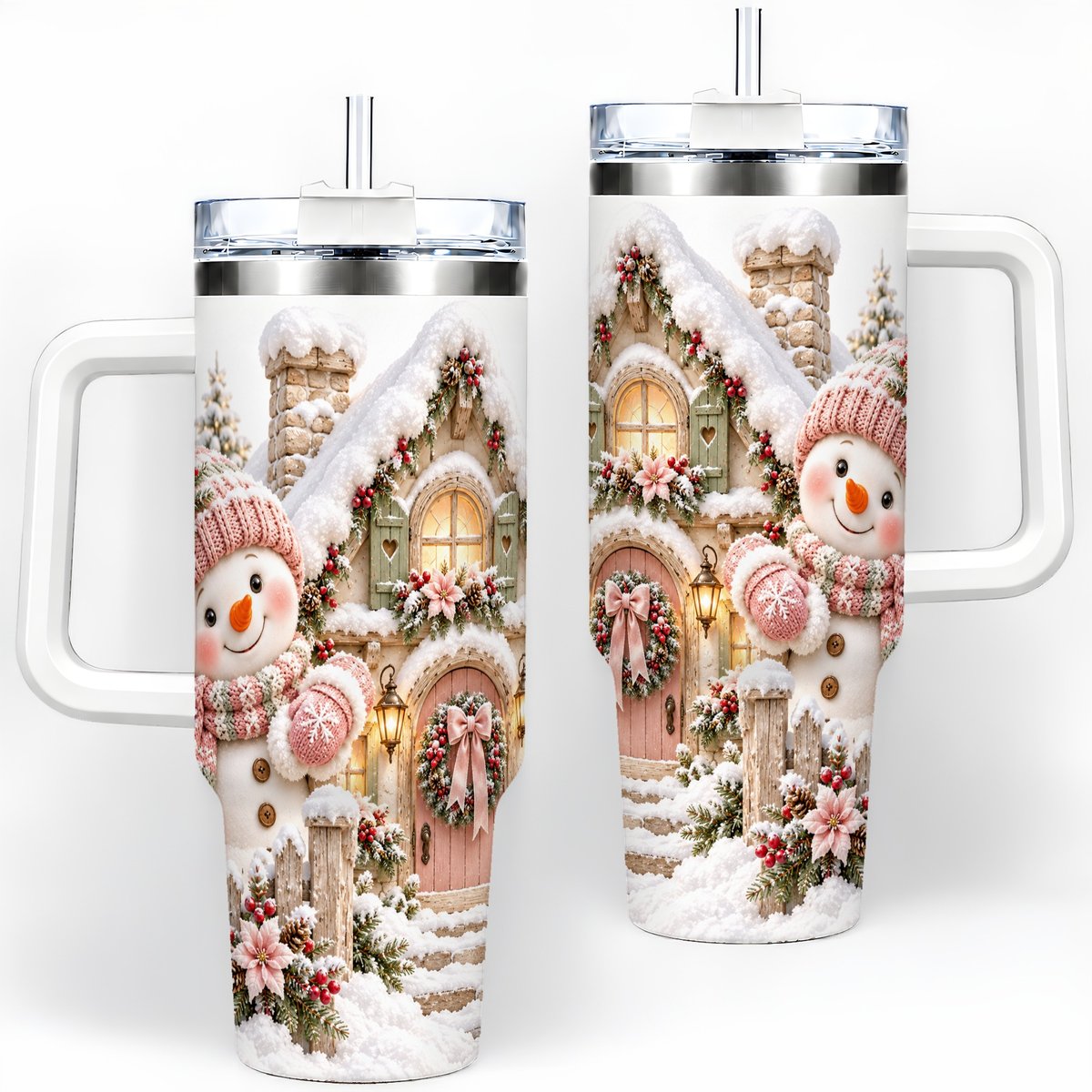 Christmas Snowman by Cottage Tumbler 40oz, Pink Hat