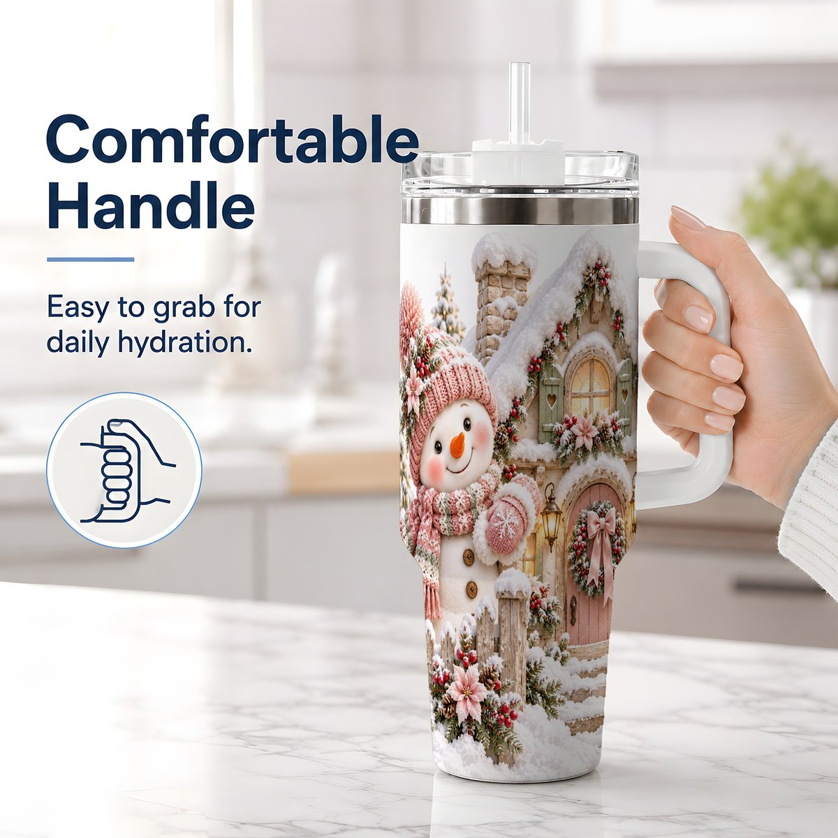 #pl[40oz|White] Christmas Snowman by Cottage Tumbler 40oz, Pink Hat