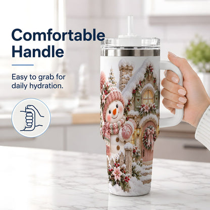 #pl[40oz|White] Christmas Snowman by Cottage Tumbler 40oz, Pink Hat