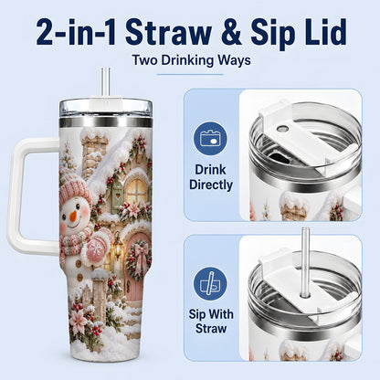 #pl[40oz|White] Christmas Snowman by Cottage Tumbler 40oz, Pink Hat