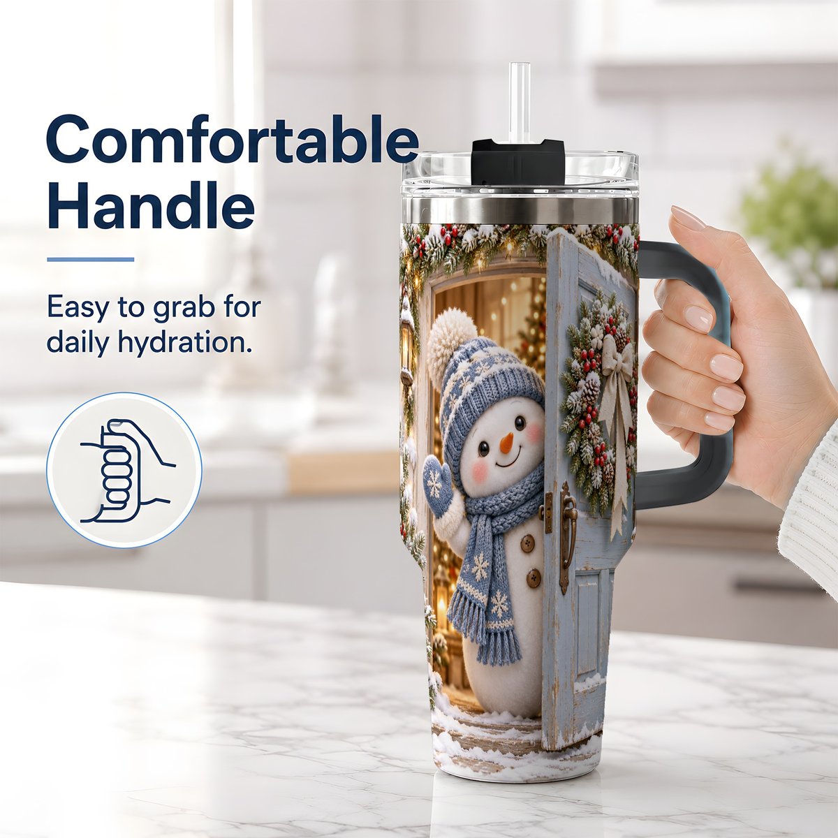 #pl[40oz|Black] Christmas Snowman at Blue Door Tumbler 40oz, Winter Scene