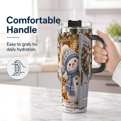 #pl[40oz|Black] Christmas Snowman at Blue Door Tumbler 40oz, Winter Scene