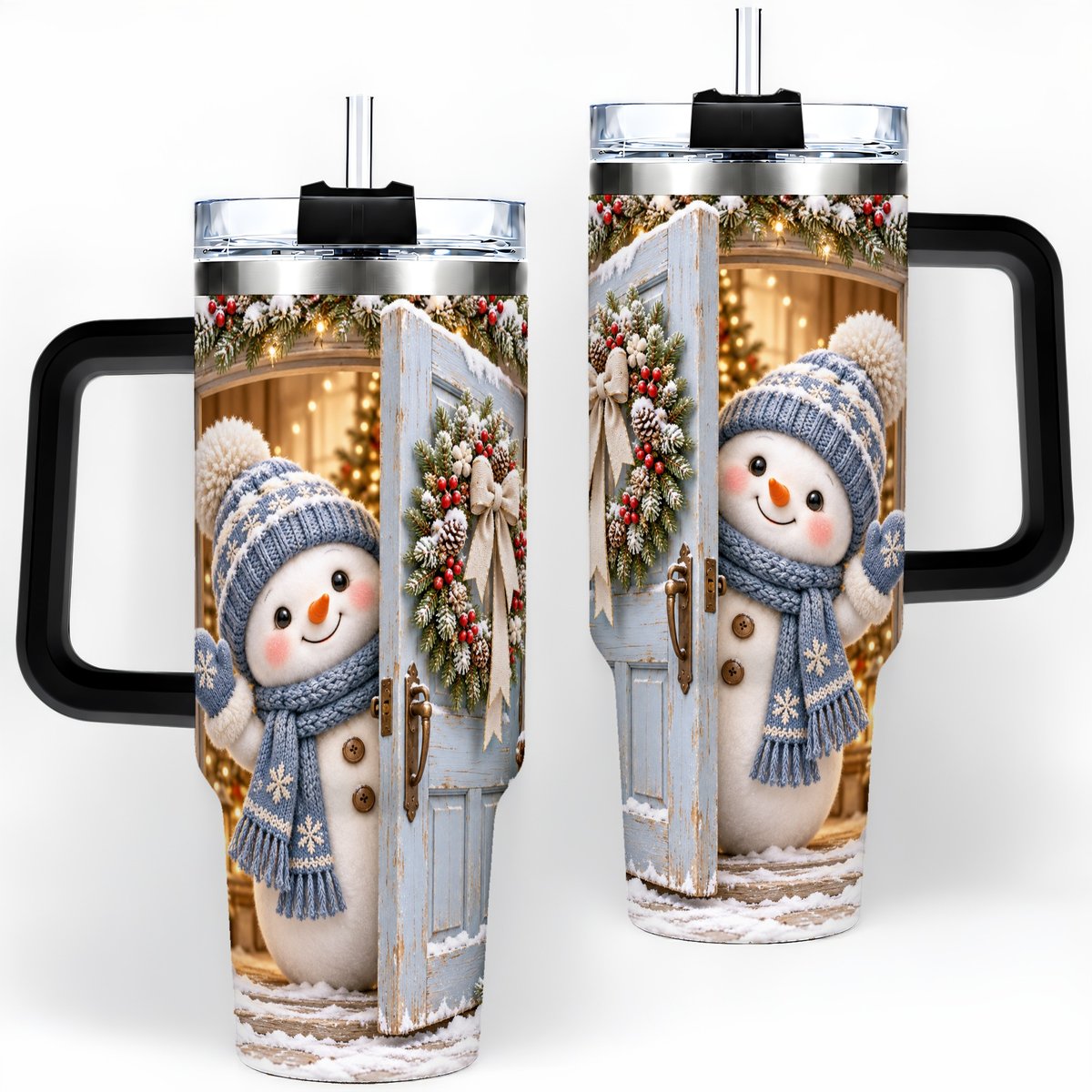 #pl[40oz|Black] Christmas Snowman at Blue Door Tumbler 40oz, Winter Scene