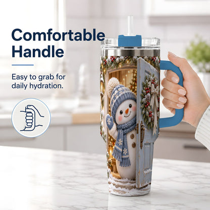 #pl[40oz|Blue] Christmas Snowman at Blue Door Tumbler 40oz, Winter Scene