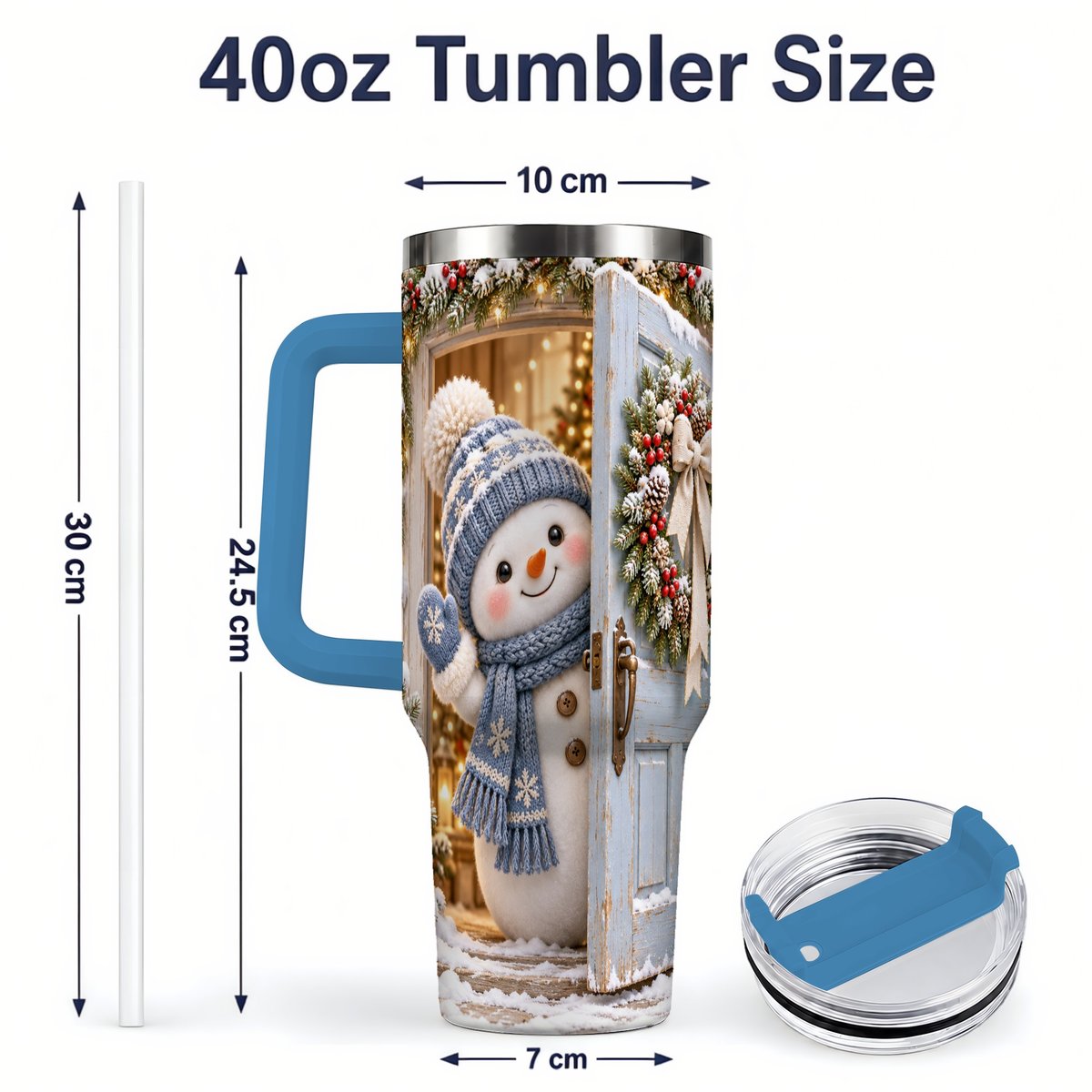 #pl[40oz|Blue] Christmas Snowman at Blue Door Tumbler 40oz, Winter Scene