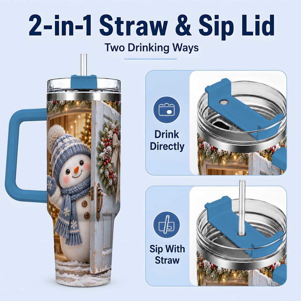 #pl[40oz|Blue] Christmas Snowman at Blue Door Tumbler 40oz, Winter Scene