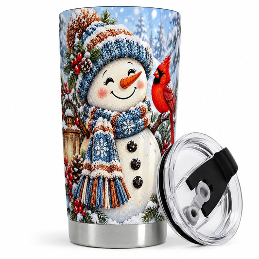 Winter Snowman and Red Cardinal Tumbler 20oz, Snowy Forest Art