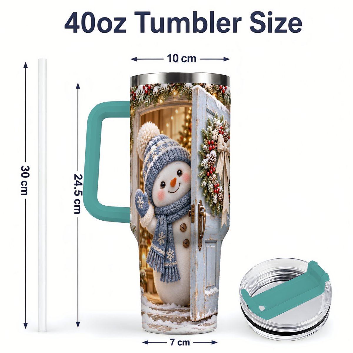 #pl[40oz|Green] Christmas Snowman at Blue Door Tumbler 40oz, Winter Scene
