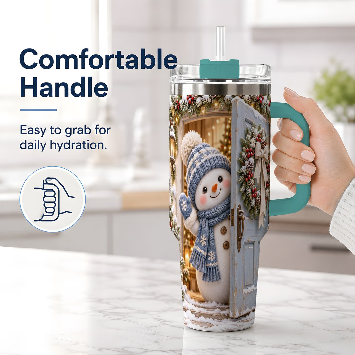 #pl[40oz|Green] Christmas Snowman at Blue Door Tumbler 40oz, Winter Scene