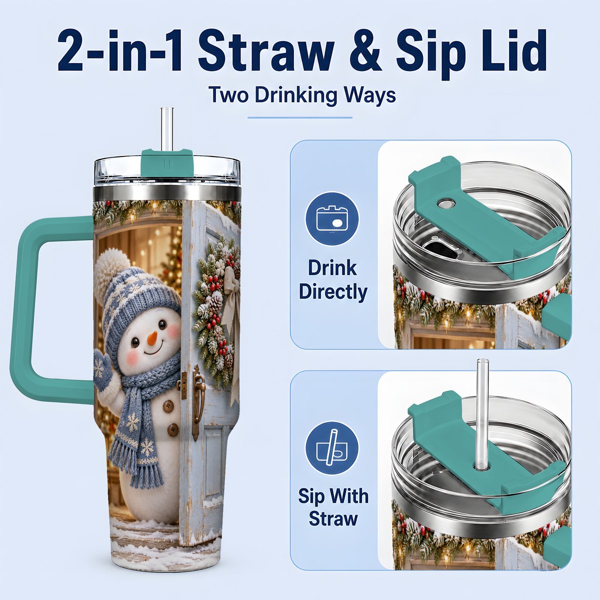 #pl[40oz|Green] Christmas Snowman at Blue Door Tumbler 40oz, Winter Scene