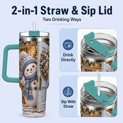 #pl[40oz|Green] Christmas Snowman at Blue Door Tumbler 40oz, Winter Scene