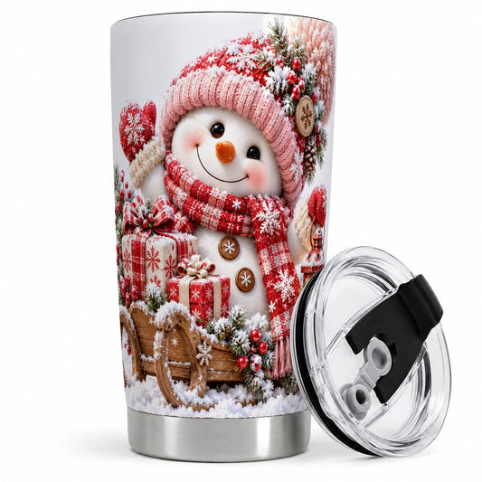 Christmas Snowman Tumbler 20oz, Red Knit Hat Winter Artwork