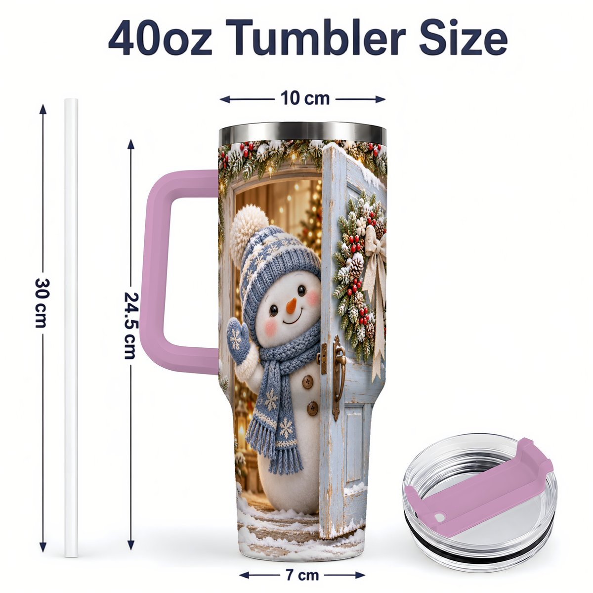 #pl[40oz|Pink] Christmas Snowman at Blue Door Tumbler 40oz, Winter Scene