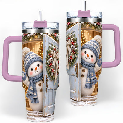 #pl[40oz|Pink] Christmas Snowman at Blue Door Tumbler 40oz, Winter Scene