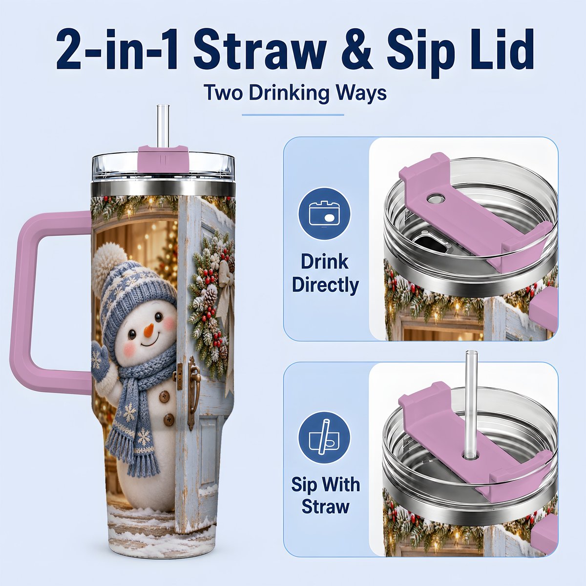 #pl[40oz|Pink] Christmas Snowman at Blue Door Tumbler 40oz, Winter Scene