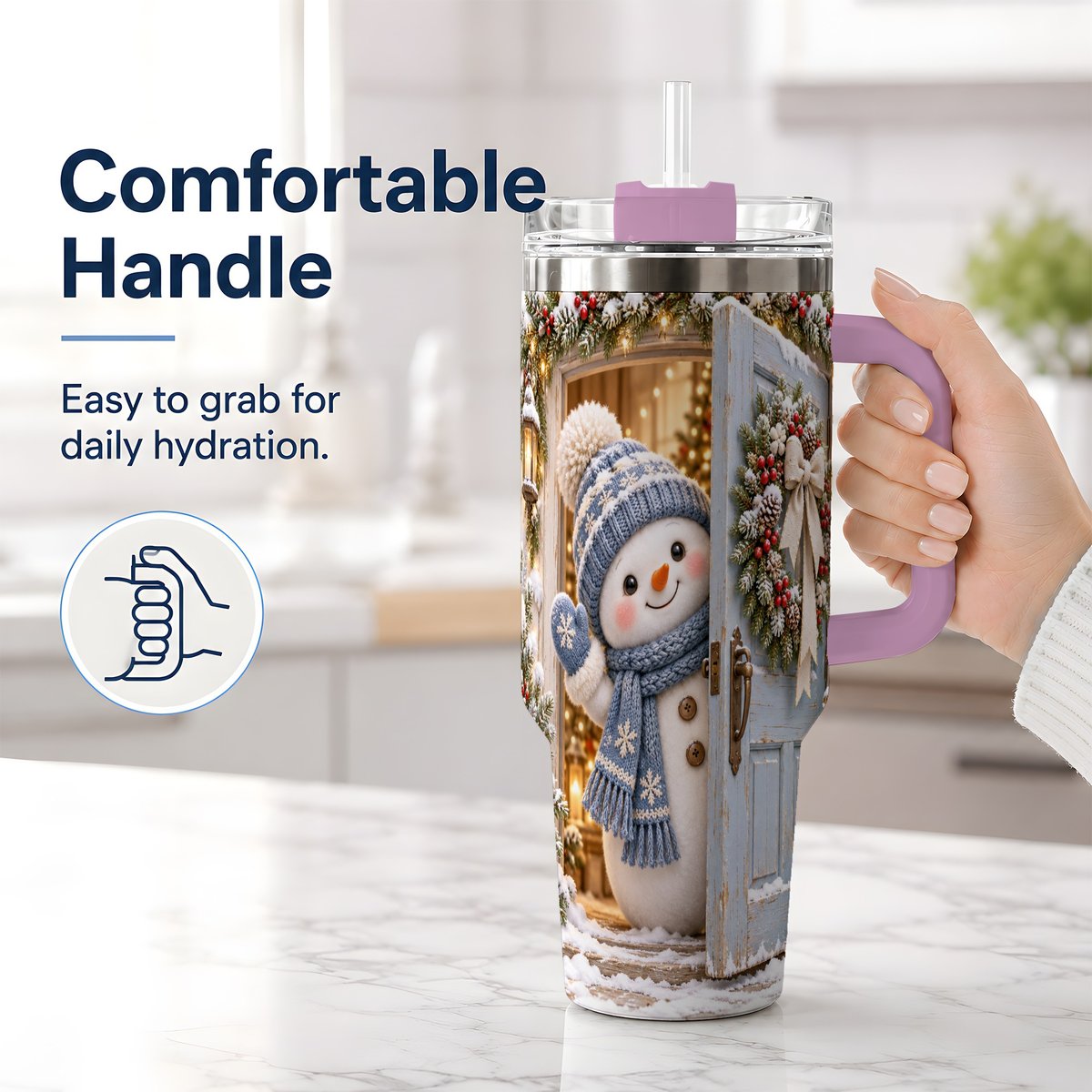 #pl[40oz|Pink] Christmas Snowman at Blue Door Tumbler 40oz, Winter Scene