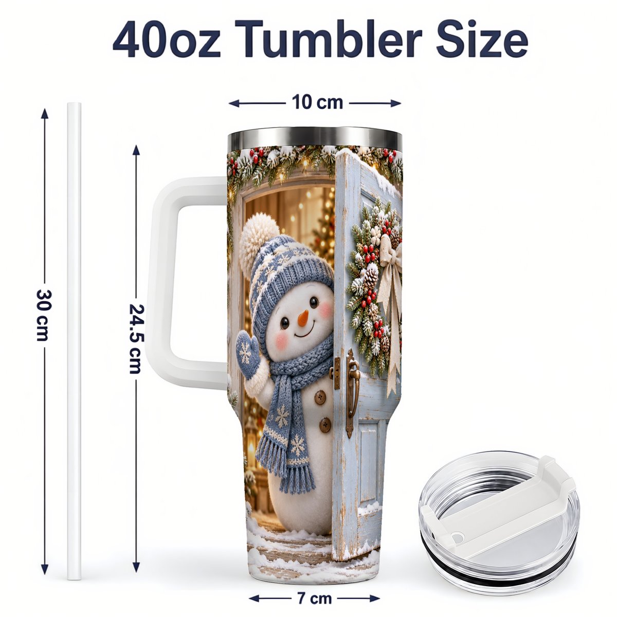 #pl[40oz|White] Christmas Snowman at Blue Door Tumbler 40oz, Winter Scene