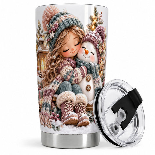 Christmas Girl and Snowman Tumbler 20oz, Cozy Winter Art