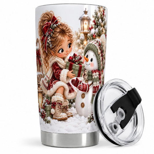 Christmas Girl and Snowman Tumbler 20oz, Festive Parcel Art